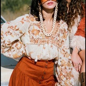 Spell Cream and Rust Floral Long Sleeve Peasant Top